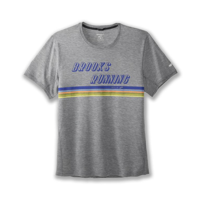 Brooks Distance Graphic Men's Short Sleeve Running Shirt - Heather Ash/Stripe/Grey (50163-QMLA)